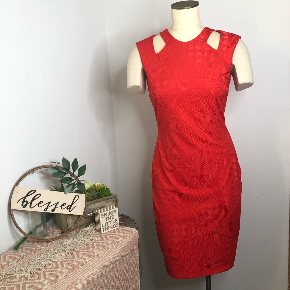 Cachè Orange Textured Cut Out Keyhole Sheath Dress